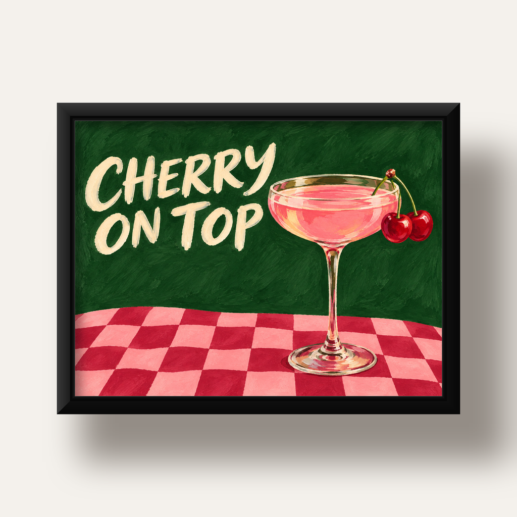 Cherry On Top Kirazlı Kokteyl Poster – Renkli İllüstrasyon Baskı — siyah derin çerçeveli