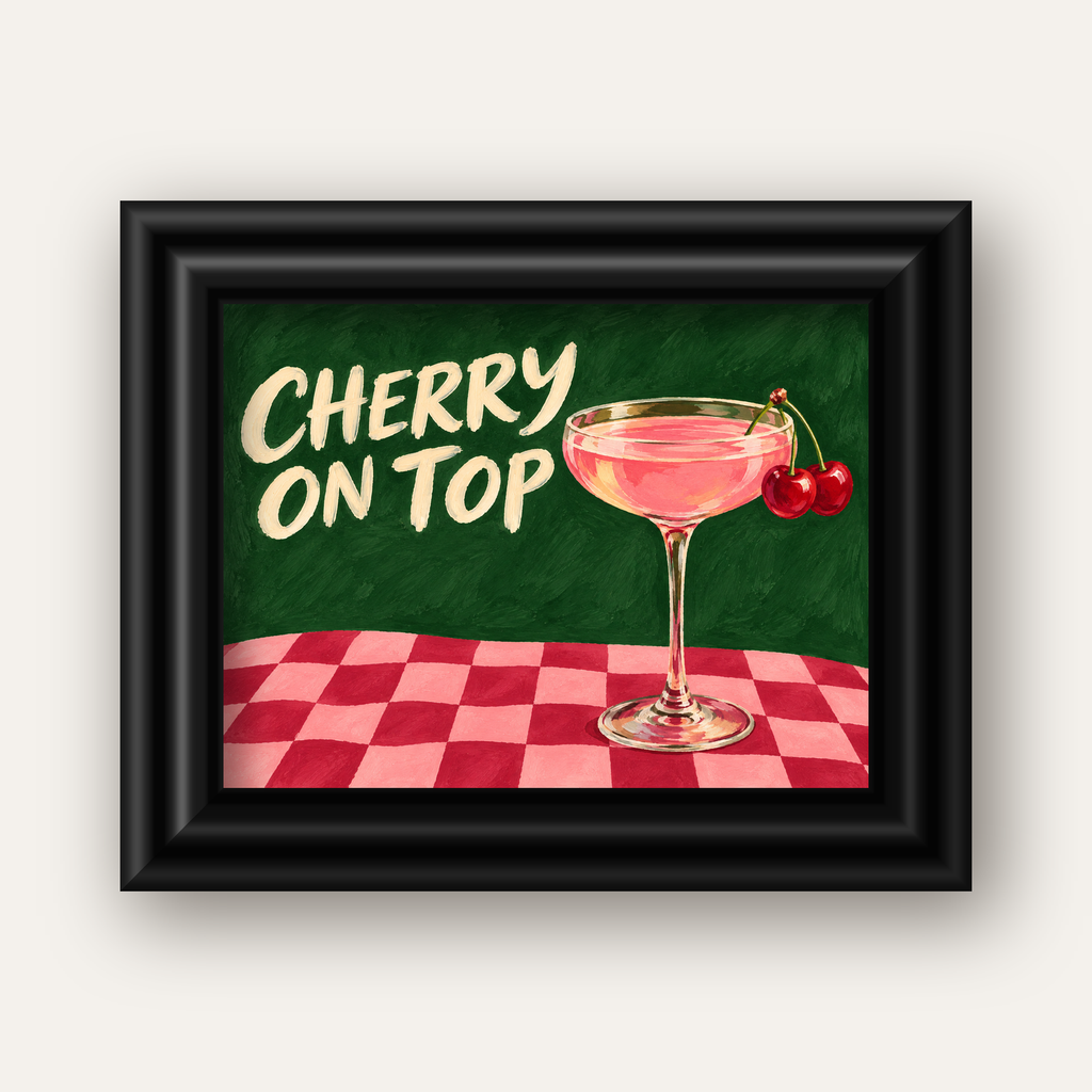Cherry On Top Kirazlı Kokteyl Poster – Renkli İllüstrasyon Baskı — siyah galeri çerçeveli