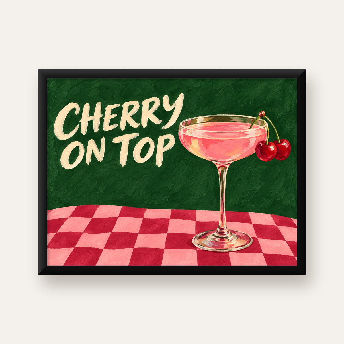 Cherry On Top Kirazlı Kokteyl Poster – Renkli İllüstrasyon Baskı — Yatay baskı, düz siyah çerçeveli duvar posteri