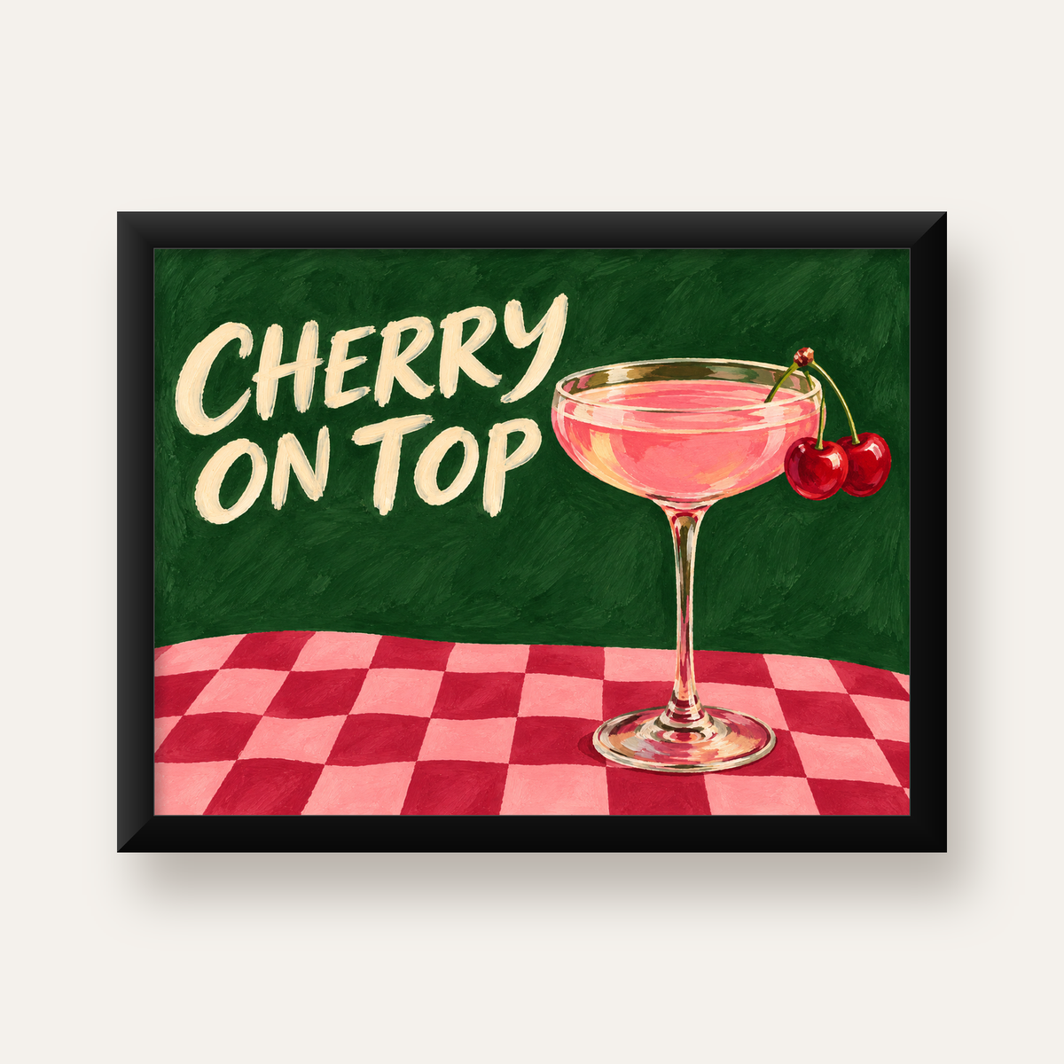 Cherry On Top Kirazlı Kokteyl Poster – Renkli İllüstrasyon Baskı — Yatay baskı, düz siyah çerçeveli duvar posteri