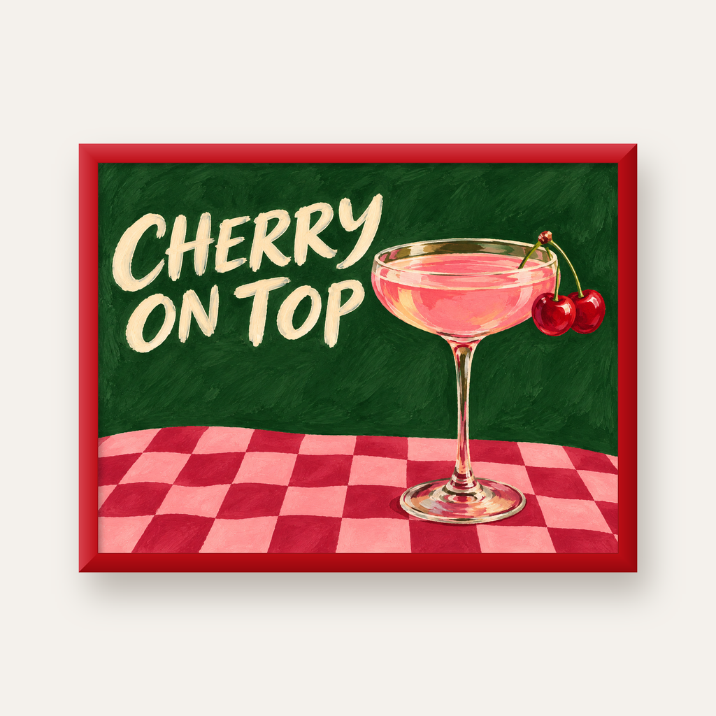 Cherry On Top Kirazlı Kokteyl Poster – Renkli İllüstrasyon Baskı — kırmızı çerçeveli