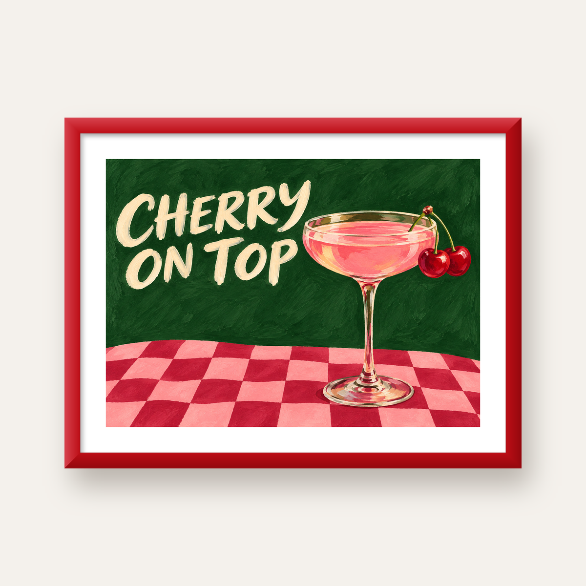 Cherry On Top Kirazlı Kokteyl Poster – Renkli İllüstrasyon Baskı — kırmızı çerçeveli paspartulu