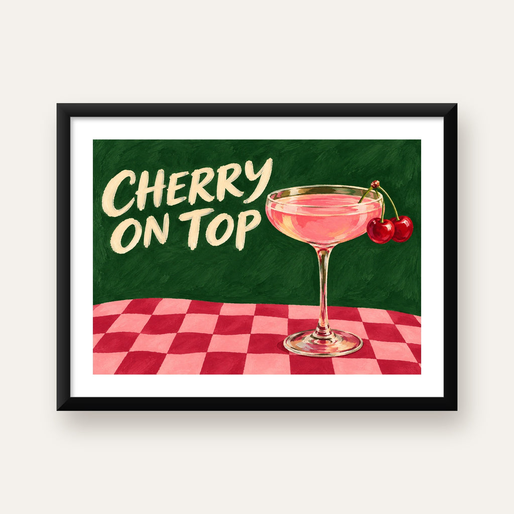 Cherry On Top Kirazlı Kokteyl Poster – Renkli İllüstrasyon Baskı — Yatay baskı, beyaz paspartulu
