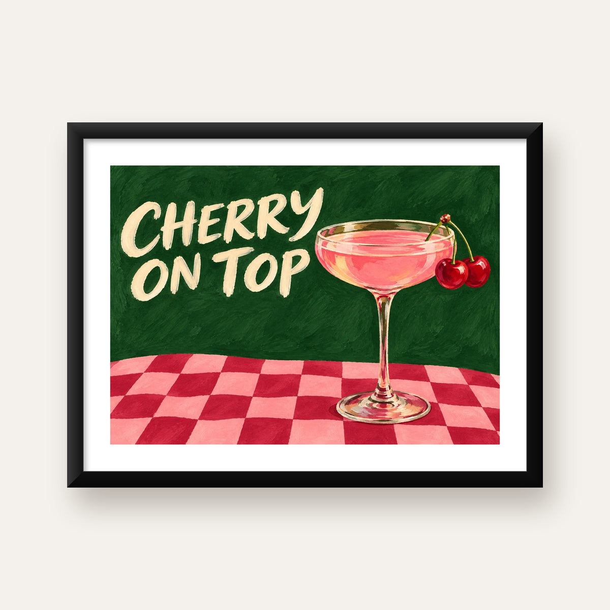 Cherry On Top Kirazlı Kokteyl Poster – Renkli İllüstrasyon Baskı — Yatay baskı, beyaz paspartulu