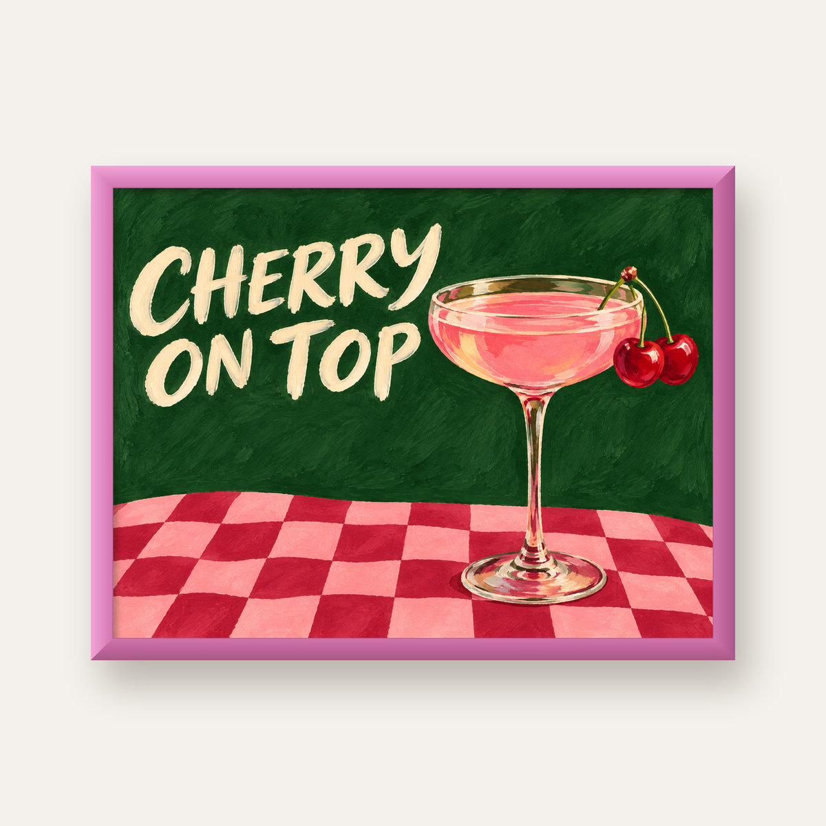 Cherry On Top Kirazlı Kokteyl Poster – Renkli İllüstrasyon Baskı — pembe çerçeveli