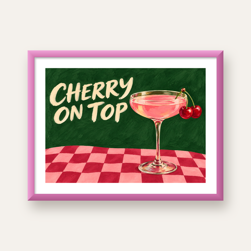 Cherry On Top Kirazlı Kokteyl Poster – Renkli İllüstrasyon Baskı — pembe çerçeveli paspartulu