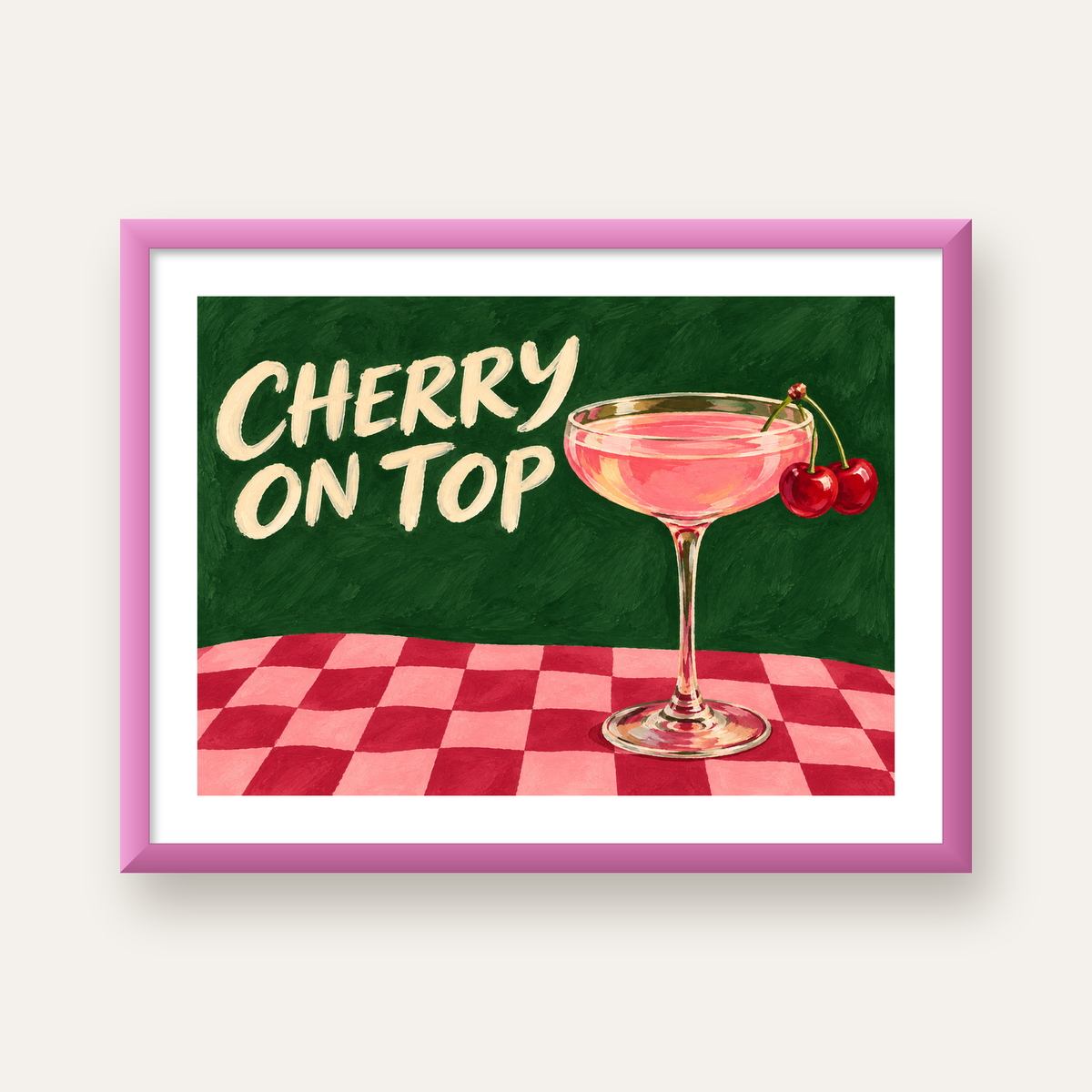 Cherry On Top Kirazlı Kokteyl Poster – Renkli İllüstrasyon Baskı — pembe çerçeveli paspartulu