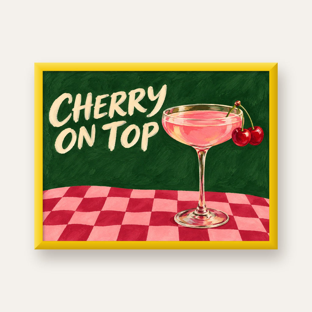 Cherry On Top Kirazlı Kokteyl Poster – Renkli İllüstrasyon Baskı — sarı çerçeveli