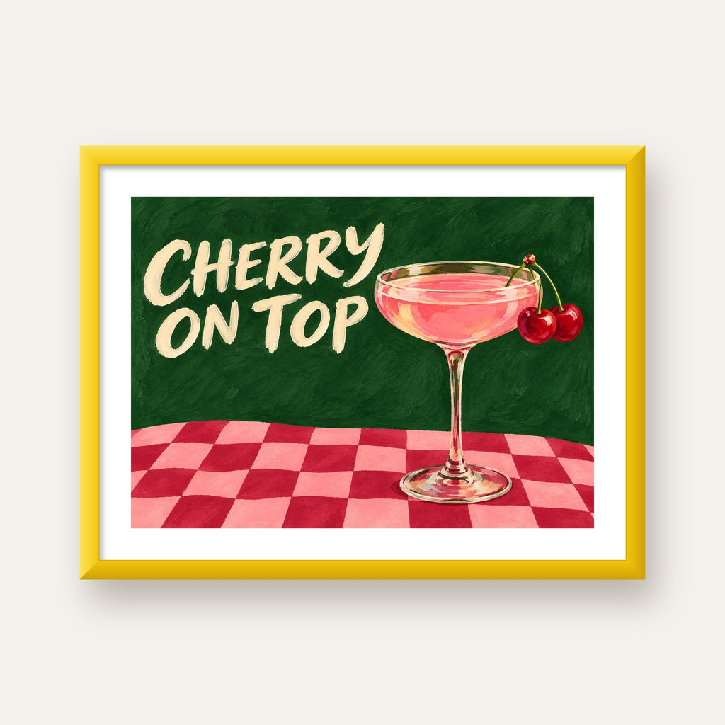 Cherry On Top Kirazlı Kokteyl Poster – Renkli İllüstrasyon Baskı — sarı çerçeveli paspartulu