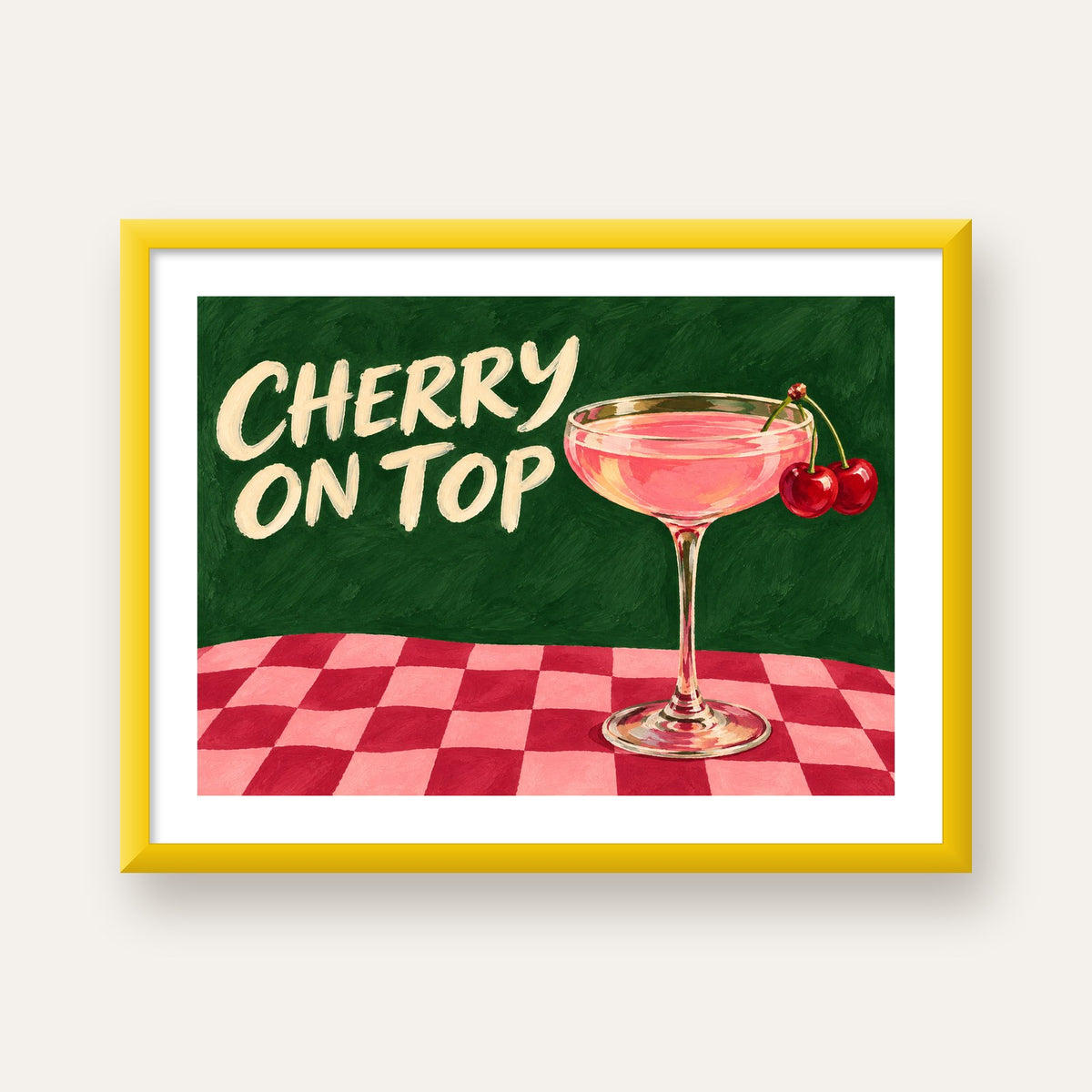 Cherry On Top Kirazlı Kokteyl Poster – Renkli İllüstrasyon Baskı — sarı çerçeveli paspartulu
