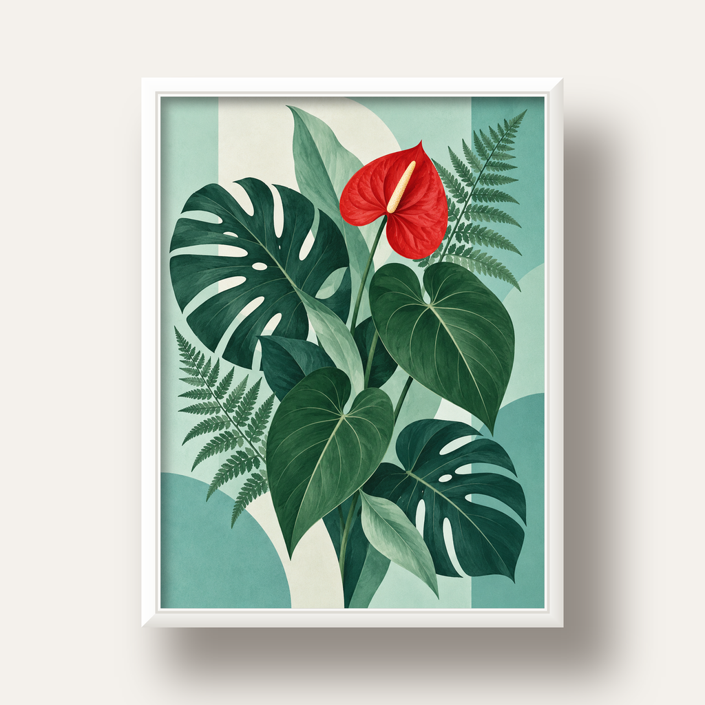 Kırmızı Antoryum ve Monstera Modern Botanik Poster — beyaz derin çerçeveli