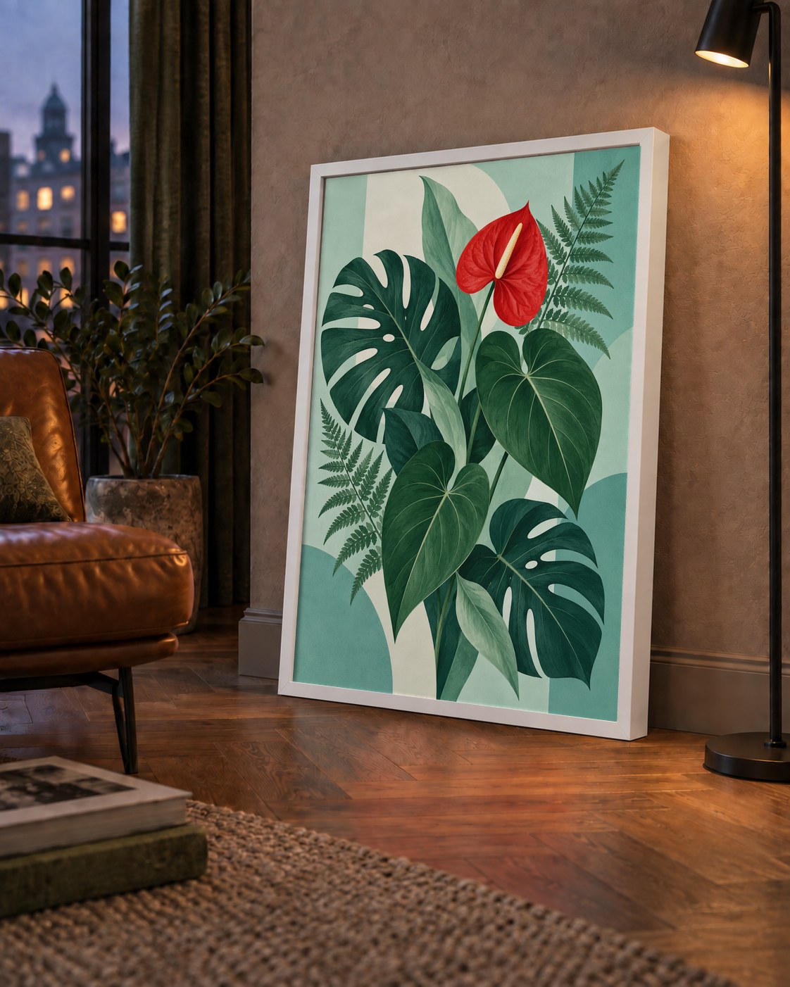 Kırmızı Antoryum ve Monstera Modern Botanik Poster — çerçeveli hâliyle bir ev duvarında