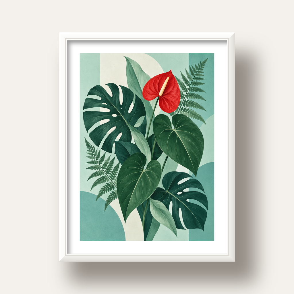 Kırmızı Antoryum ve Monstera Modern Botanik Poster — beyaz derin çerçeveli paspartulu