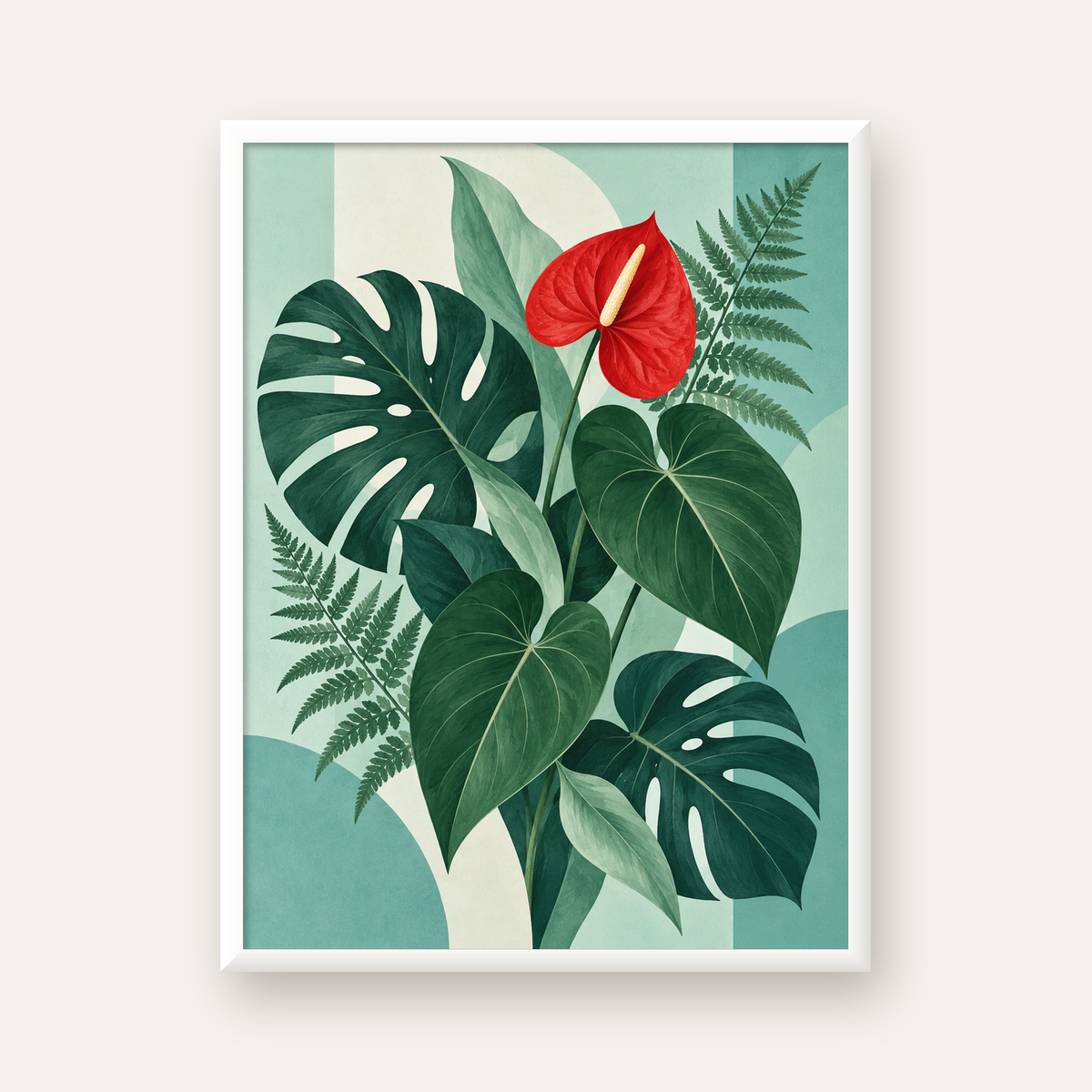 Kırmızı Antoryum ve Monstera Modern Botanik Poster — beyaz çerçeveli dikey poster