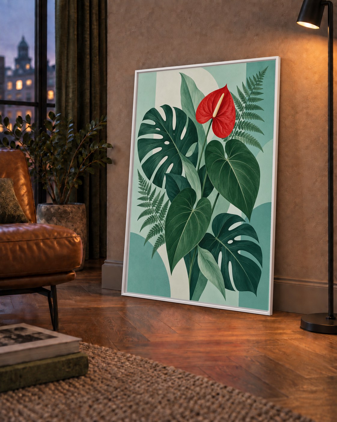 Kırmızı Antoryum ve Monstera Modern Botanik Poster — çerçeveli hâliyle bir ev duvarında