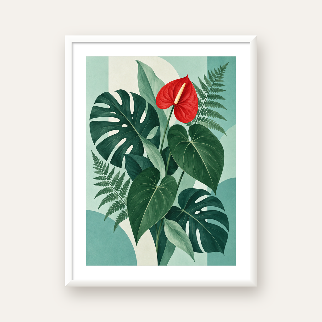 Kırmızı Antoryum ve Monstera Modern Botanik Poster — beyaz çerçeveli dikey poster