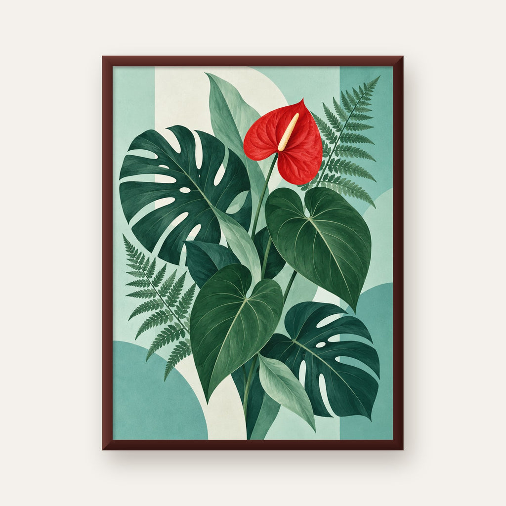 Kırmızı Antoryum ve Monstera Modern Botanik Poster — ceviz çerçeveli