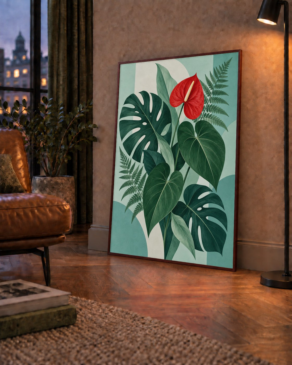Kırmızı Antoryum ve Monstera Modern Botanik Poster — çerçeveli hâliyle bir ev duvarında