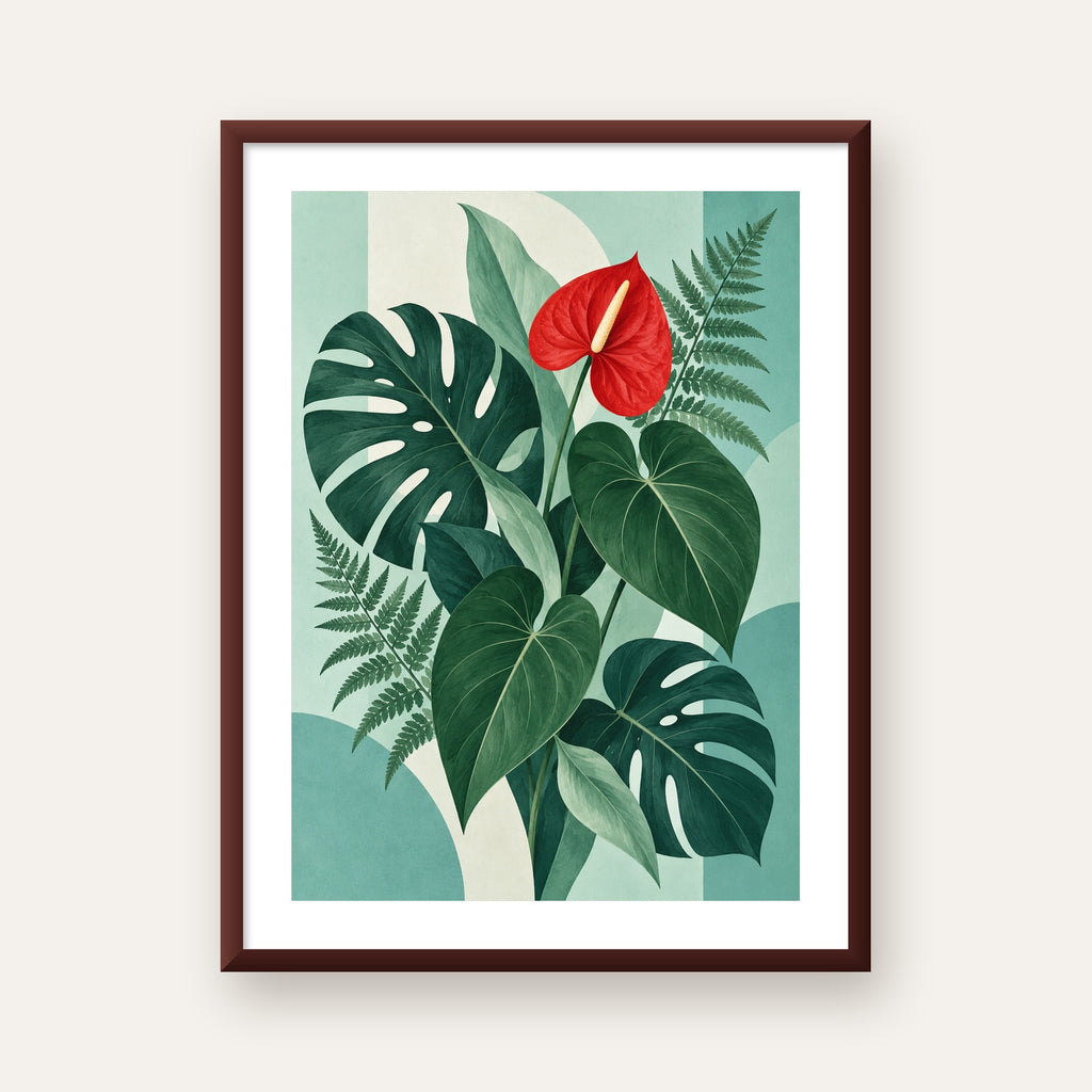 Kırmızı Antoryum ve Monstera Modern Botanik Poster — ceviz çerçeveli paspartulu