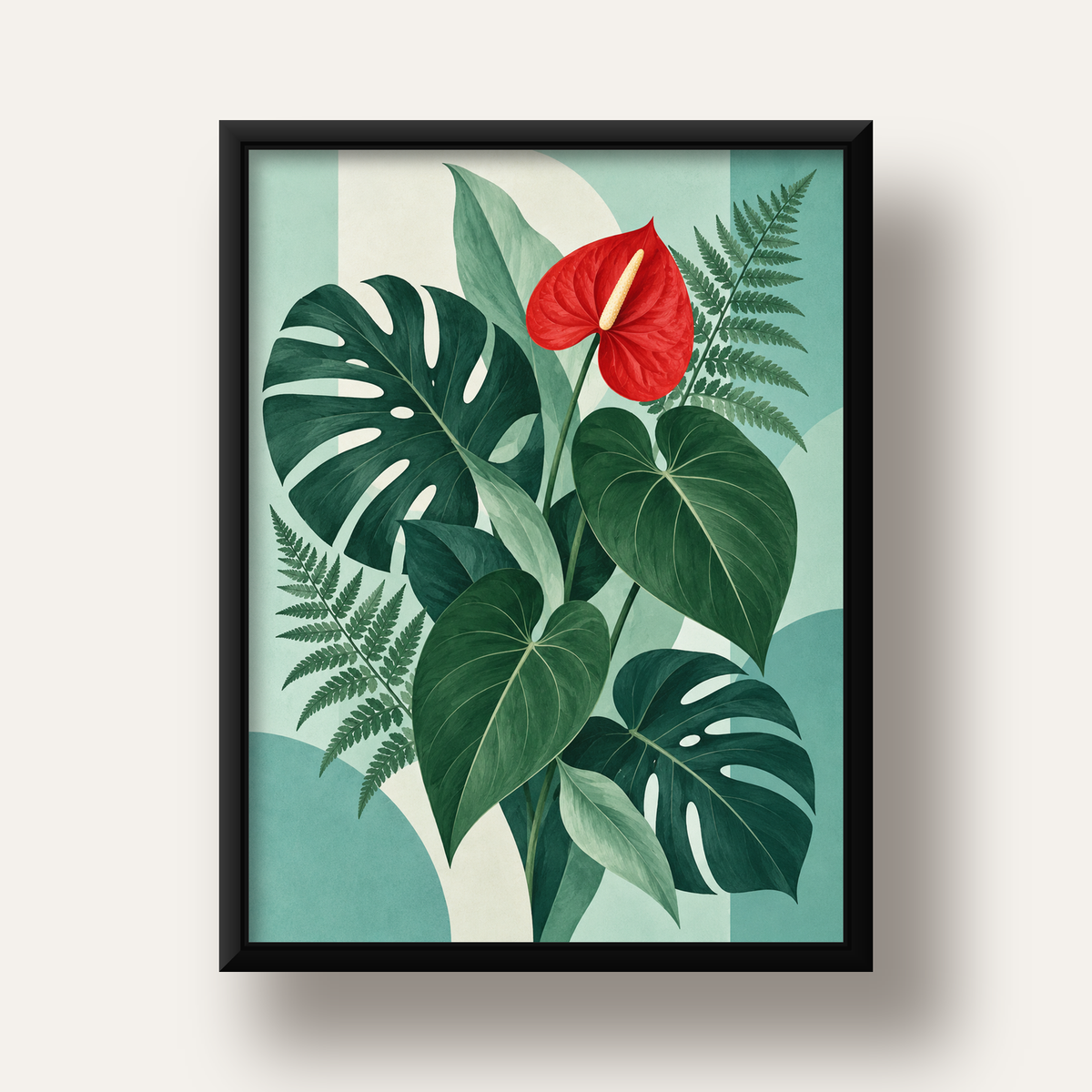 Kırmızı Antoryum ve Monstera Modern Botanik Poster — siyah derin çerçeveli