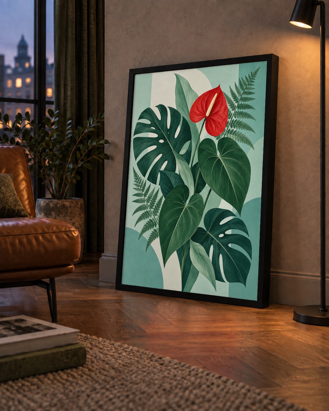 Kırmızı Antoryum ve Monstera Modern Botanik Poster — çerçeveli hâliyle bir ev duvarında