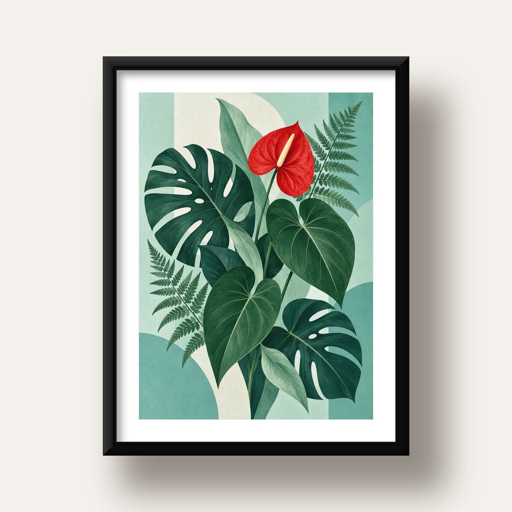 Kırmızı Antoryum ve Monstera Modern Botanik Poster — siyah derin çerçeveli paspartulu