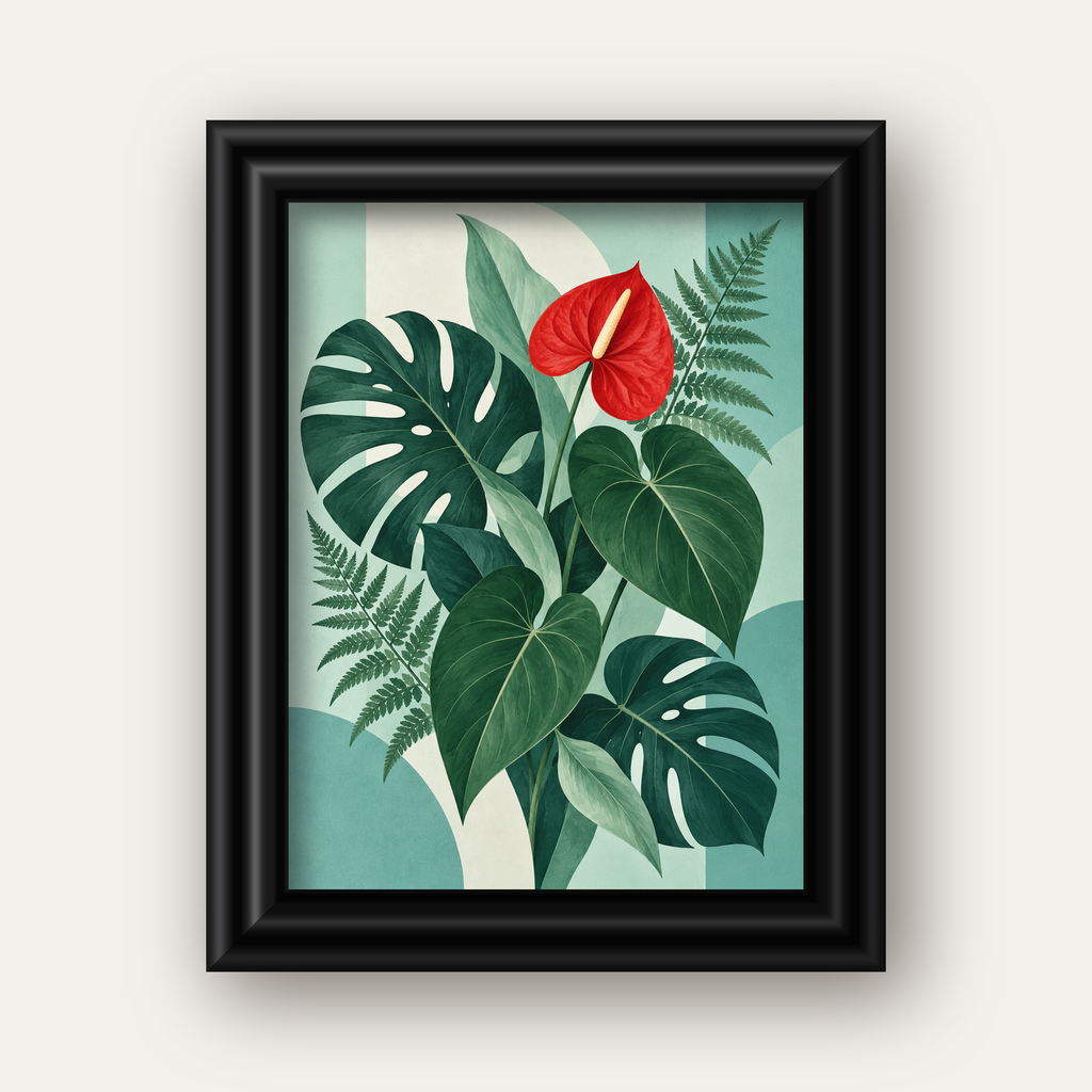 Kırmızı Antoryum ve Monstera Modern Botanik Poster — siyah galeri çerçeveli
