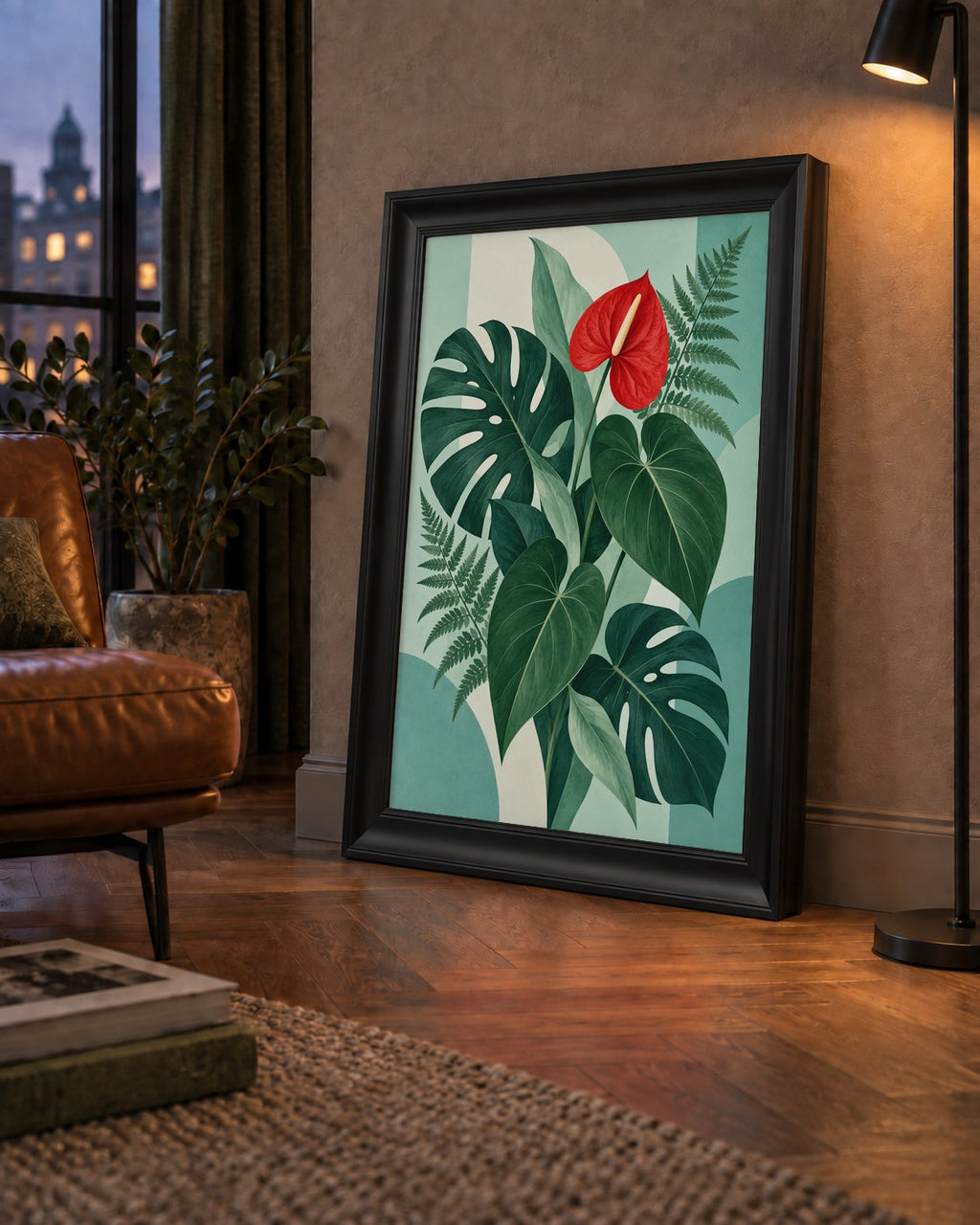 Kırmızı Antoryum ve Monstera Modern Botanik Poster — çerçeveli hâliyle bir ev duvarında