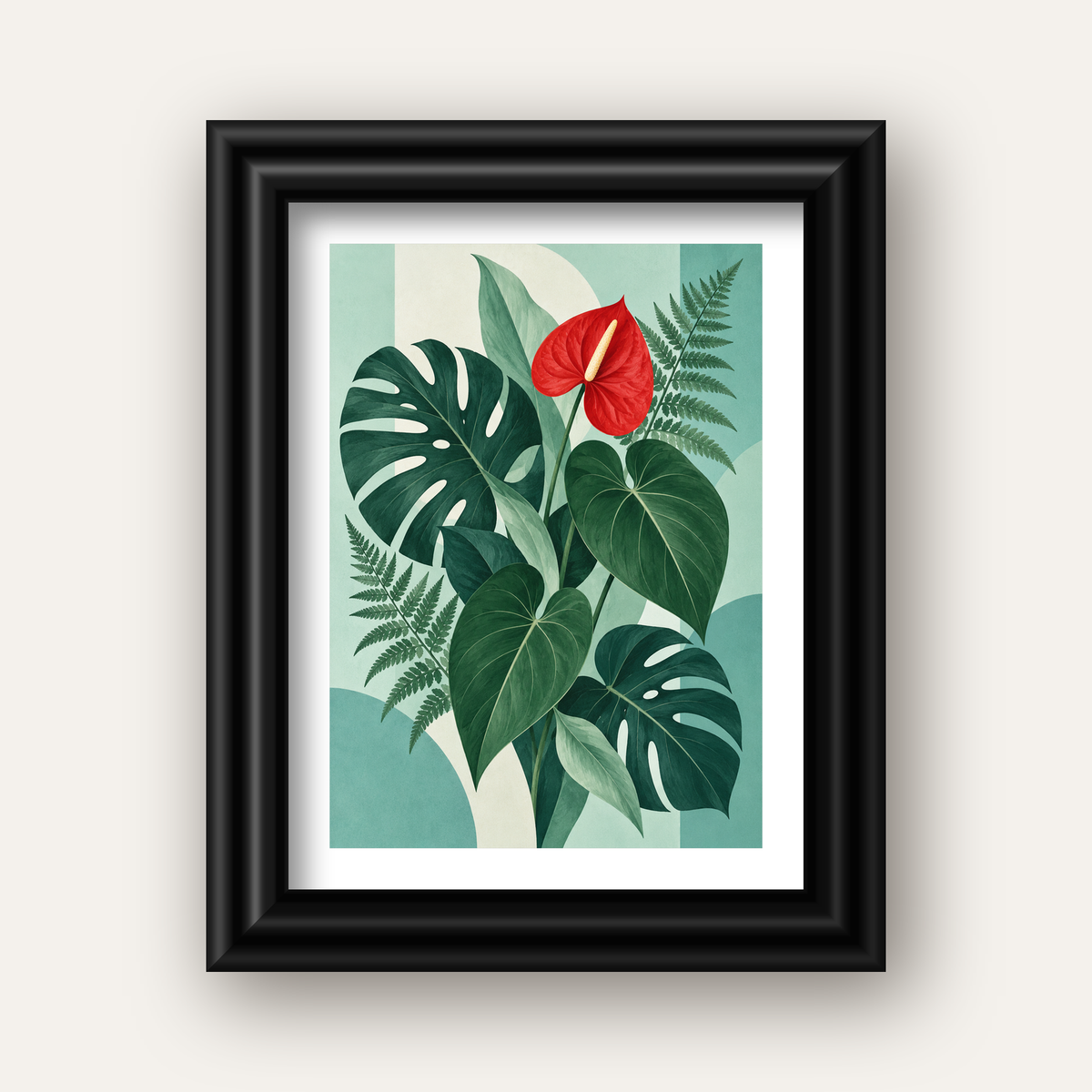 Kırmızı Antoryum ve Monstera Modern Botanik Poster — siyah galeri çerçeveli paspartulu