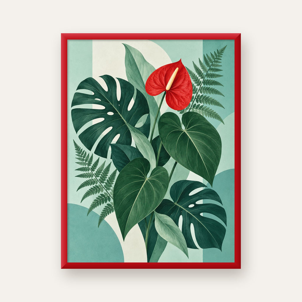 Kırmızı Antoryum ve Monstera Modern Botanik Poster — kırmızı çerçeveli