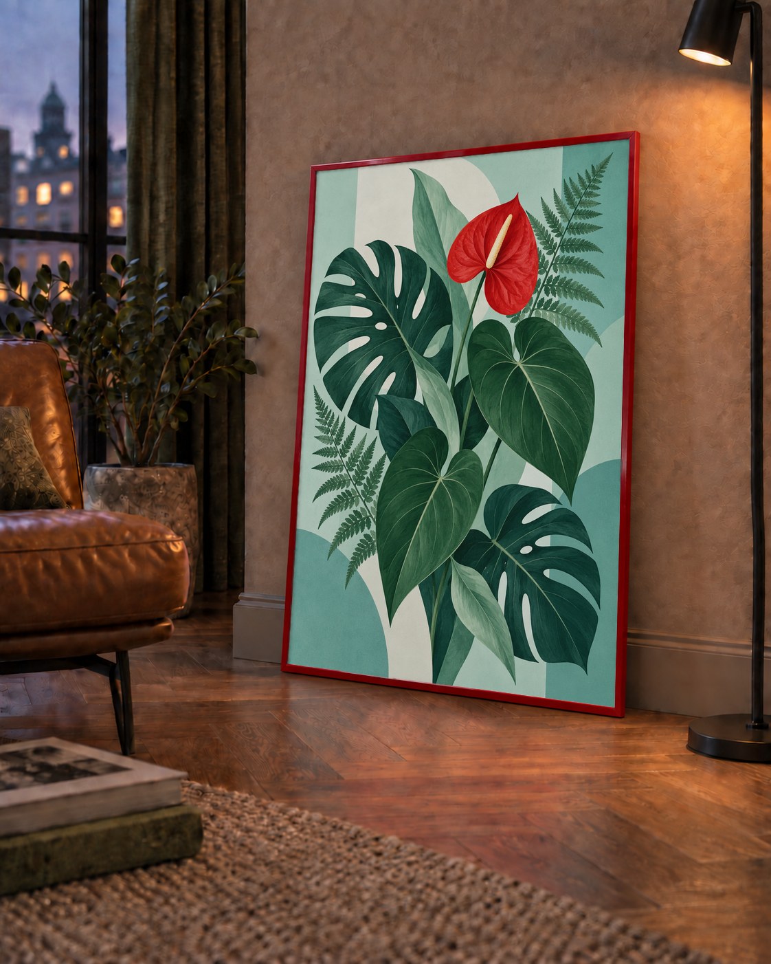 Kırmızı Antoryum ve Monstera Modern Botanik Poster — çerçeveli hâliyle bir ev duvarında