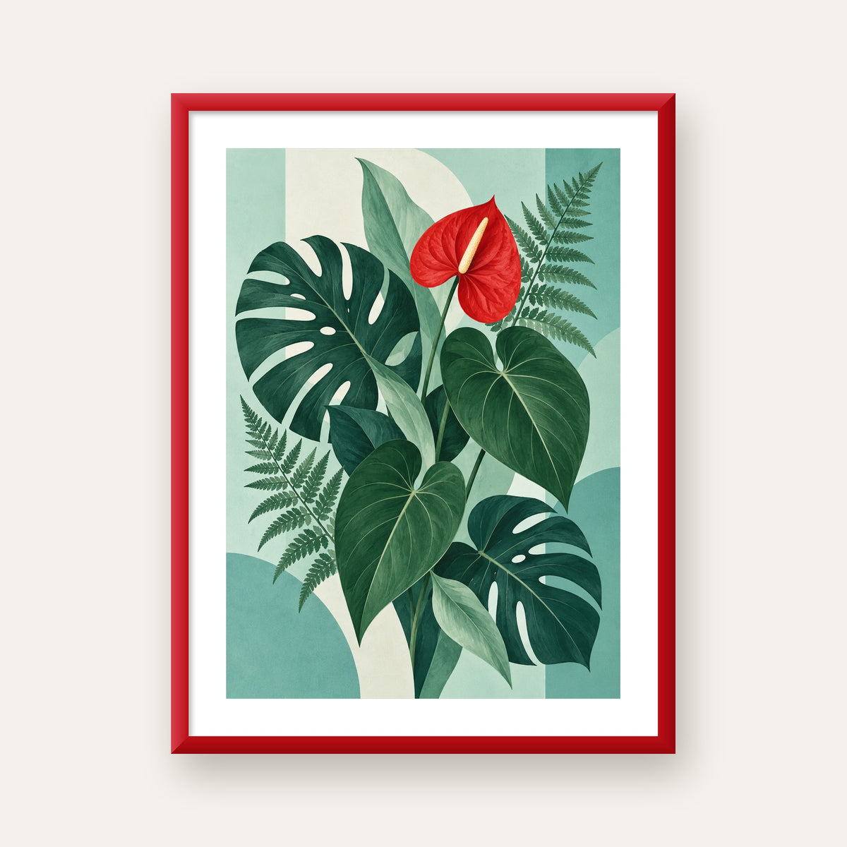 Kırmızı Antoryum ve Monstera Modern Botanik Poster — kırmızı çerçeveli paspartulu