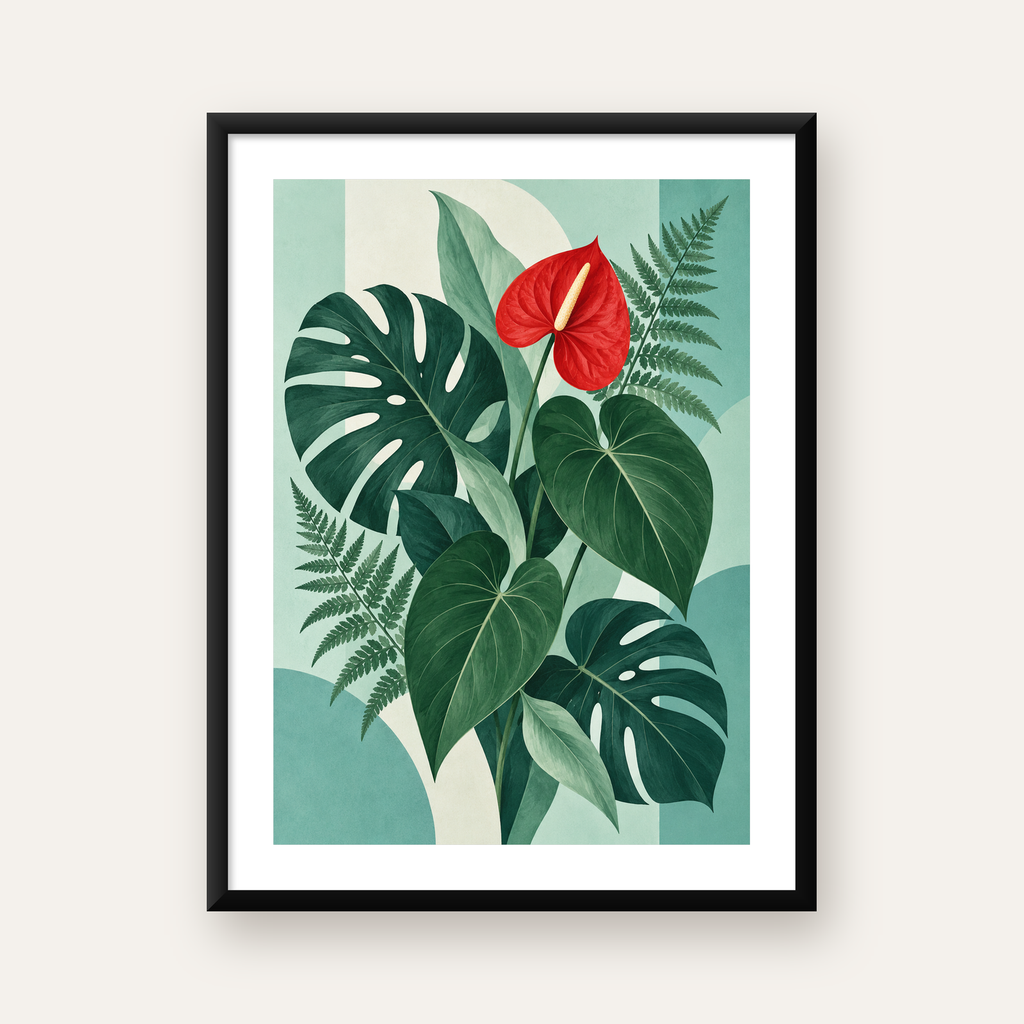 Tropikal Bitkiler ve Kırmızı Anthurium Çiçeği Poster — Dikey baskı, beyaz kenar boşluklu