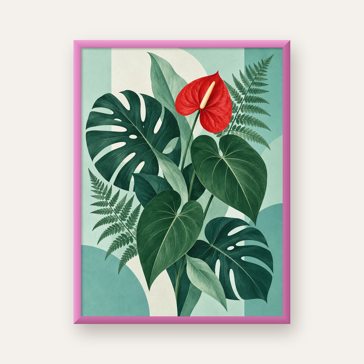 Kırmızı Antoryum ve Monstera Modern Botanik Poster — pembe çerçeveli