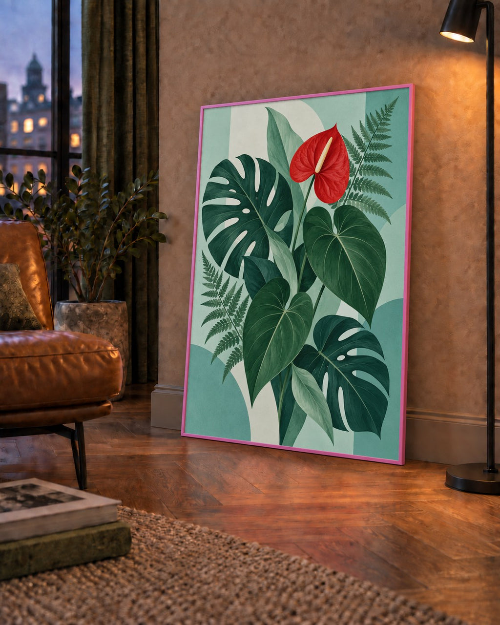 Kırmızı Antoryum ve Monstera Modern Botanik Poster — çerçeveli hâliyle bir ev duvarında