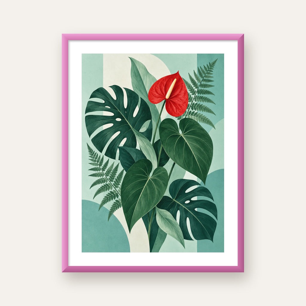 Kırmızı Antoryum ve Monstera Modern Botanik Poster — pembe çerçeveli paspartulu