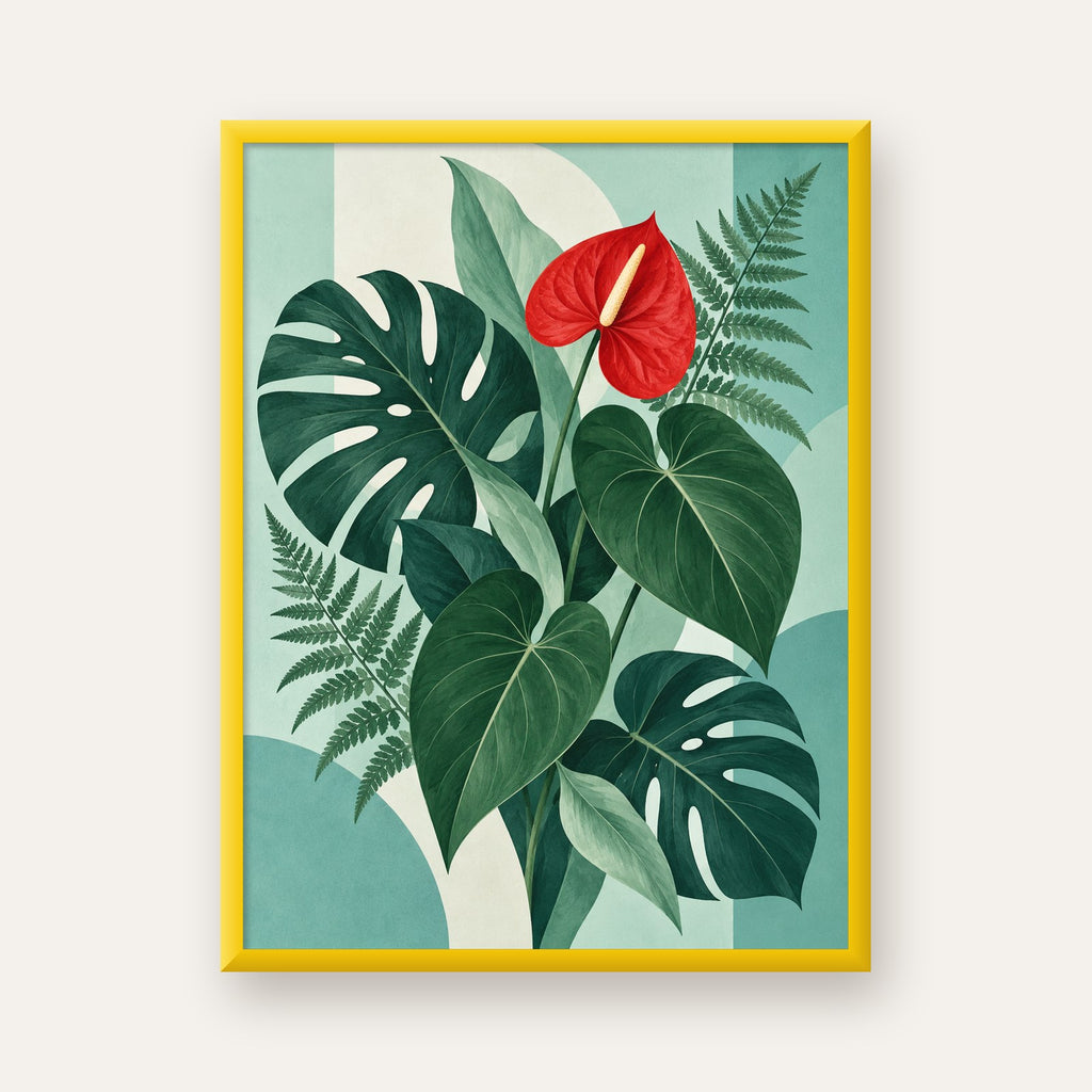 Kırmızı Antoryum ve Monstera Modern Botanik Poster — sarı çerçeveli