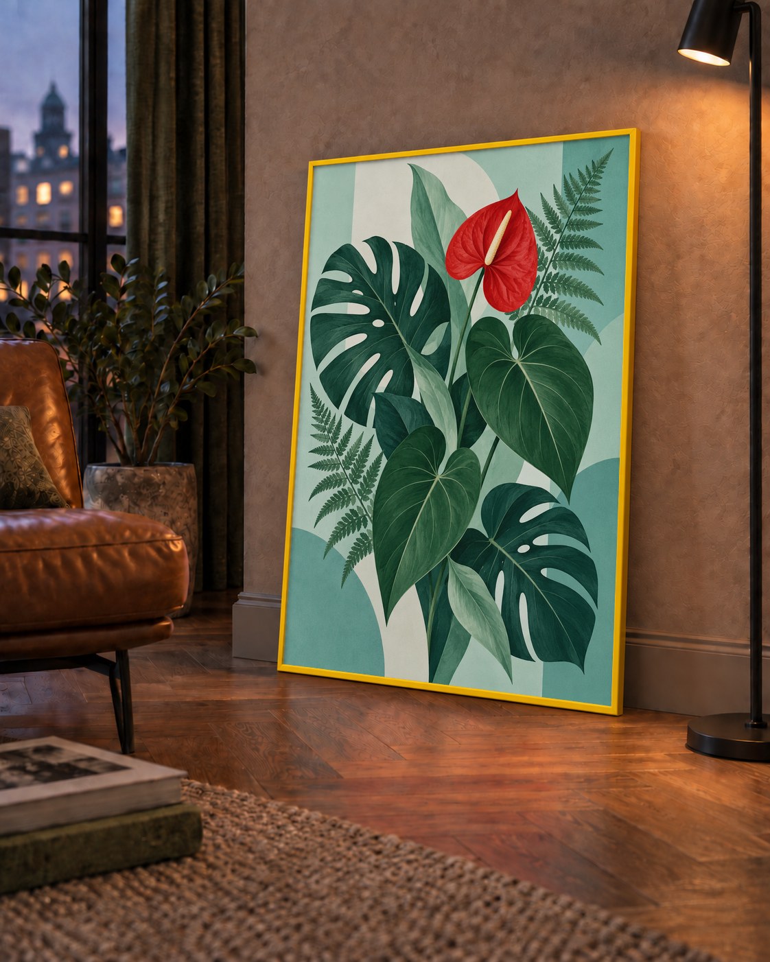 Kırmızı Antoryum ve Monstera Modern Botanik Poster — çerçeveli hâliyle bir ev duvarında