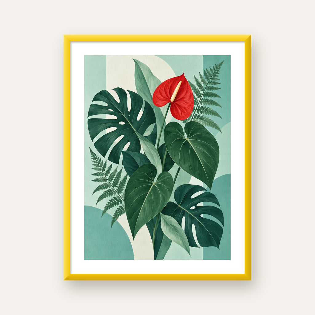 Kırmızı Antoryum ve Monstera Modern Botanik Poster — sarı çerçeveli paspartulu