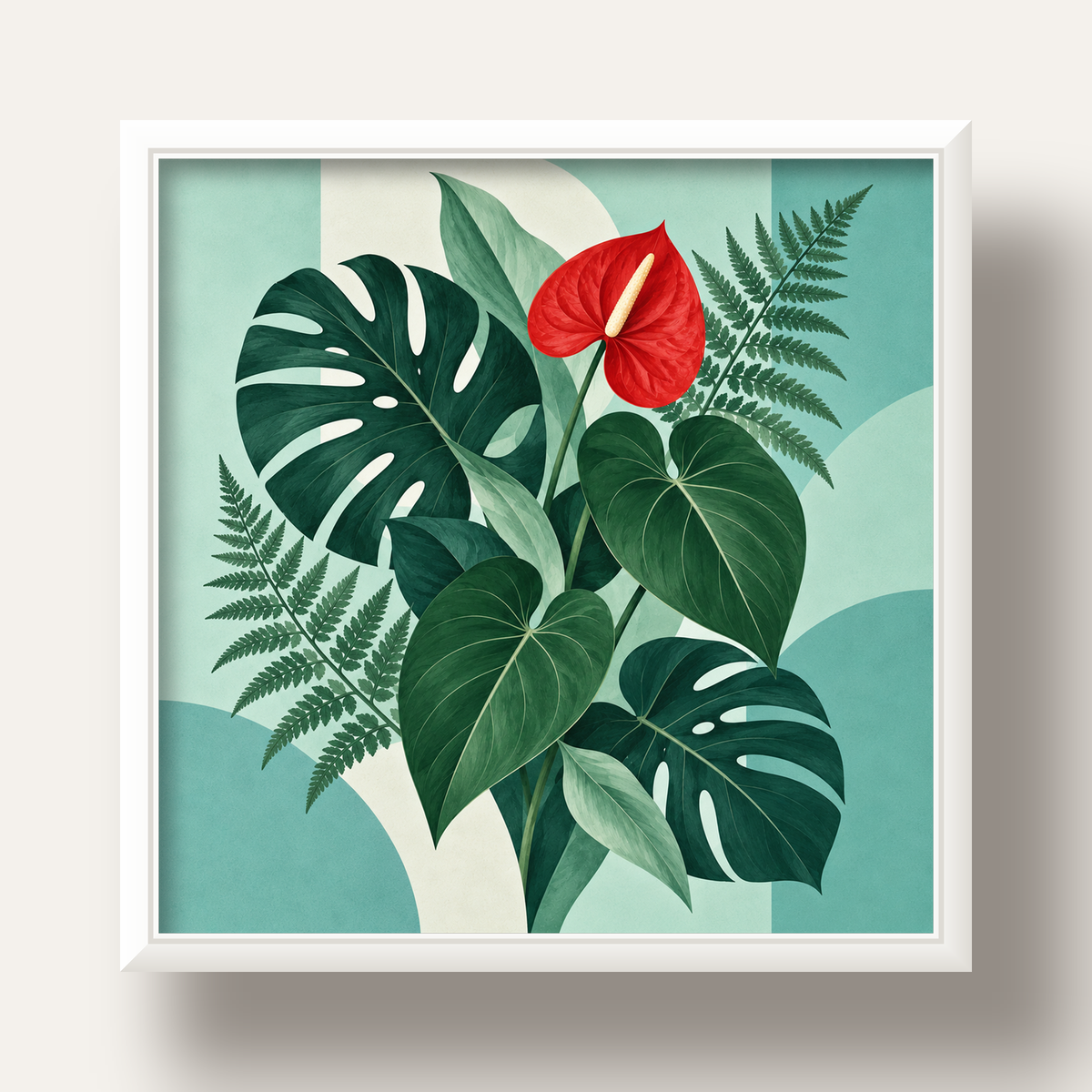 Kırmızı Antoryum ve Monstera Modern Botanik Poster — beyaz derin çerçeveli