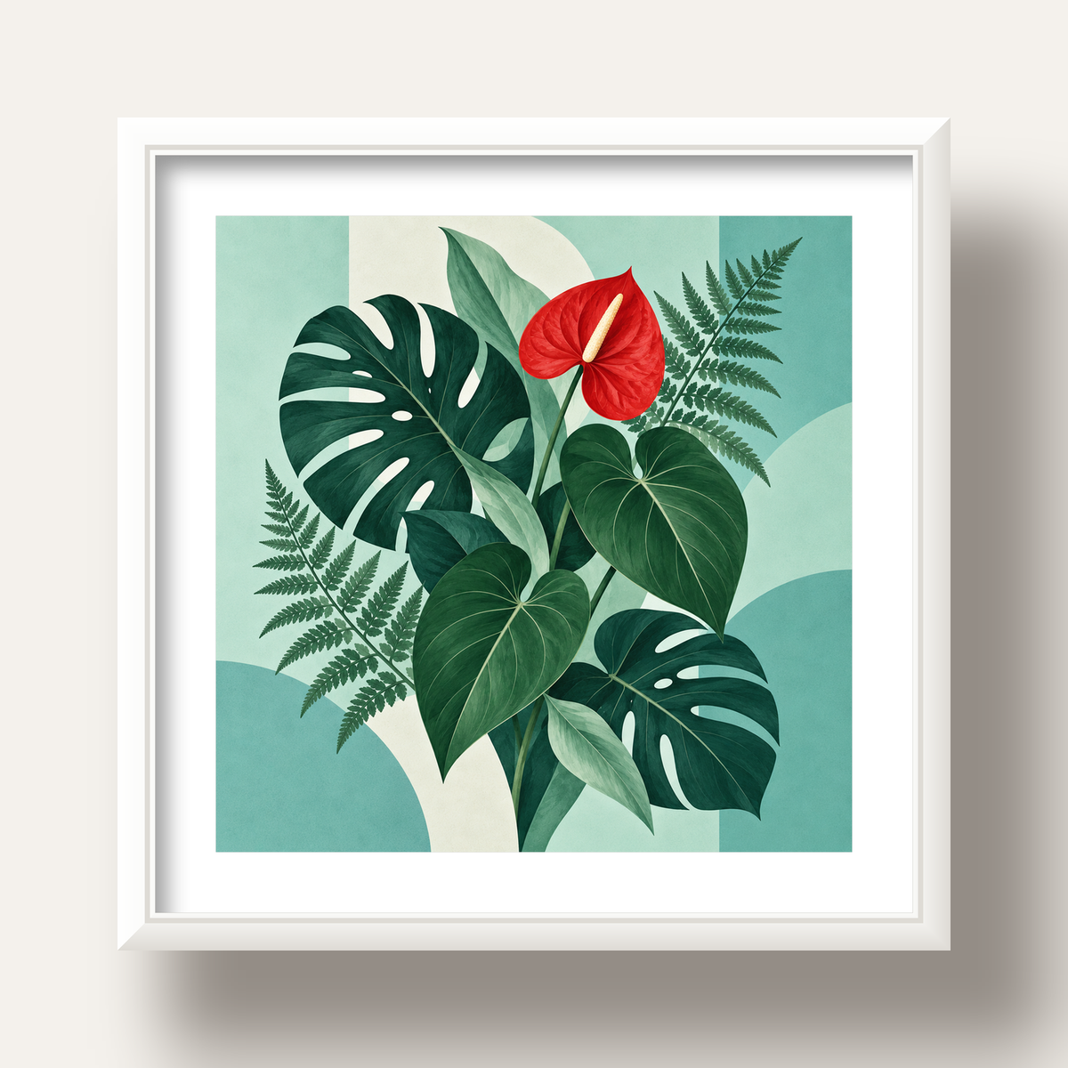 Kırmızı Antoryum ve Monstera Modern Botanik Poster — beyaz derin çerçeveli paspartulu