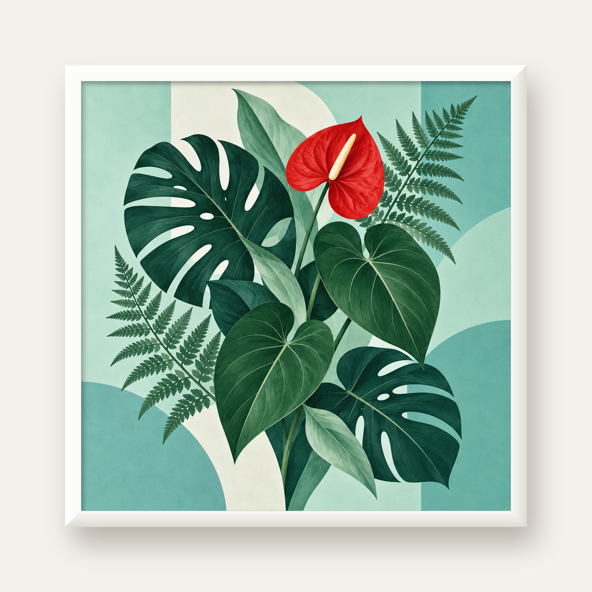 Kırmızı Antoryum ve Monstera Modern Botanik Poster — beyaz çerçeveli kare poster
