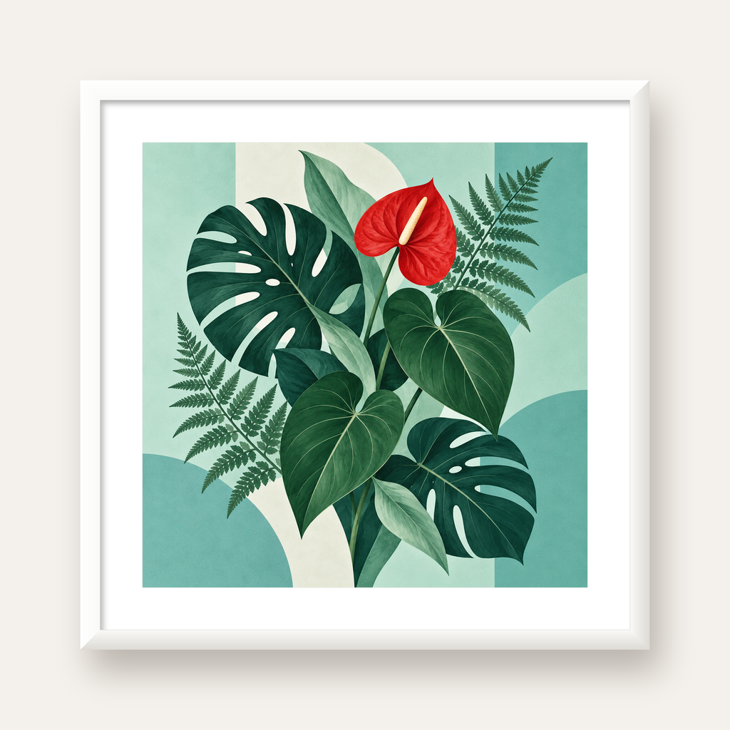 Kırmızı Antoryum ve Monstera Modern Botanik Poster — beyaz çerçeveli kare poster