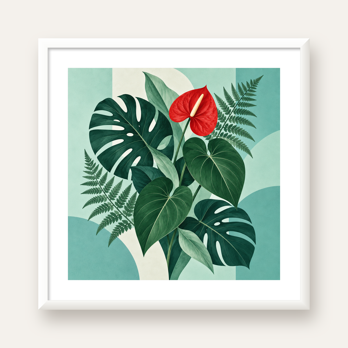 Kırmızı Antoryum ve Monstera Modern Botanik Poster — beyaz çerçeveli kare poster