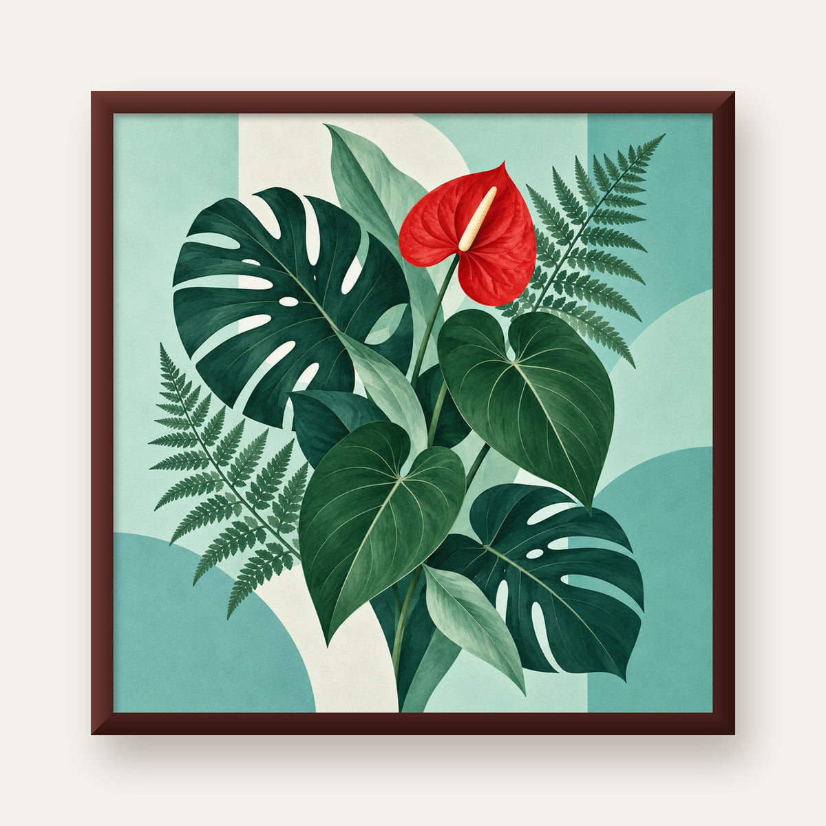 Kırmızı Antoryum ve Monstera Modern Botanik Poster — ceviz çerçeveli