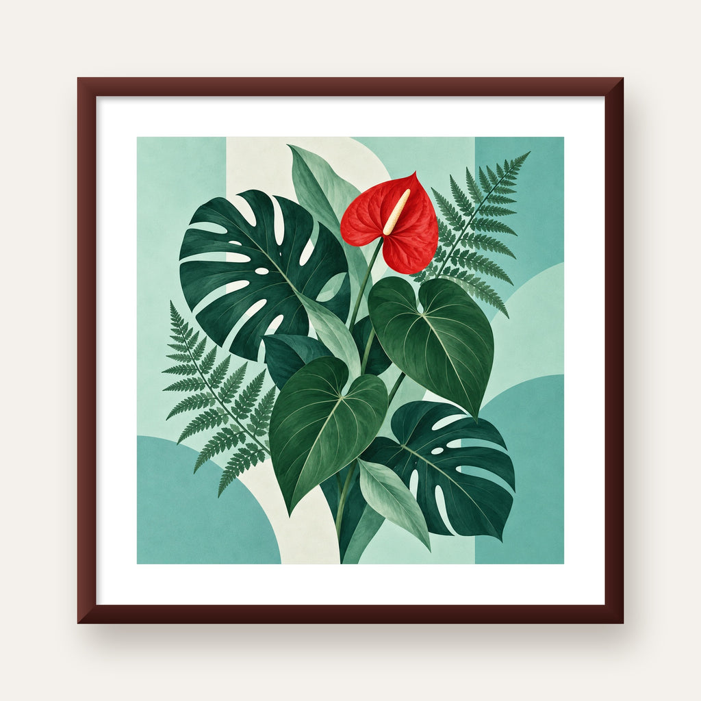 Kırmızı Antoryum ve Monstera Modern Botanik Poster — ceviz çerçeveli paspartulu