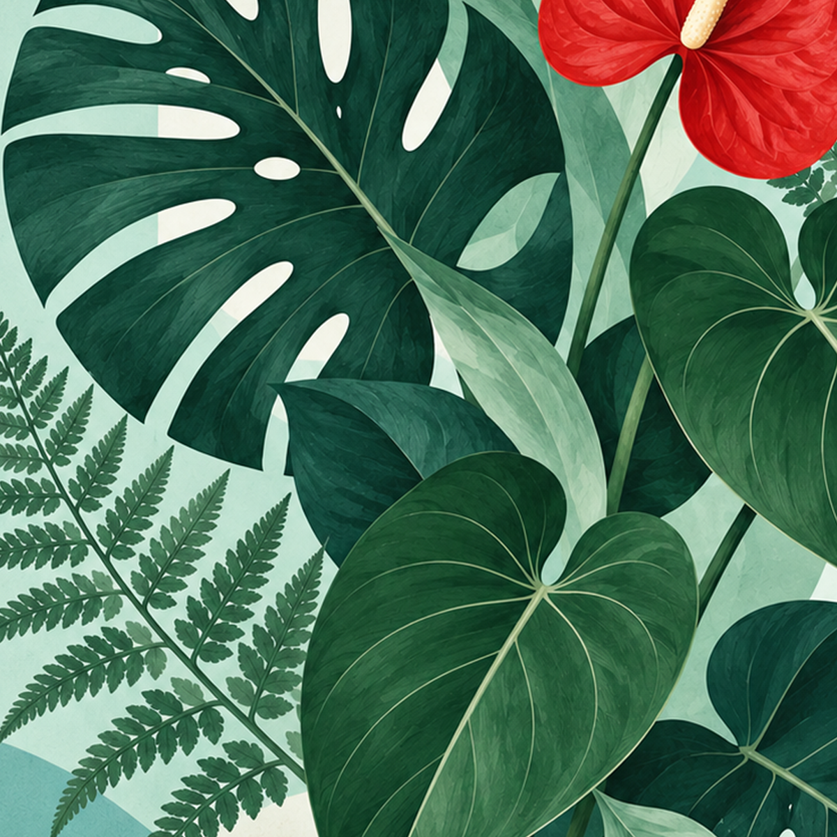Tropikal Bitkiler ve Kırmızı Anthurium Çiçeği Poster — baskının yakın çekimi, kâğıt dokusu ve renk detayı