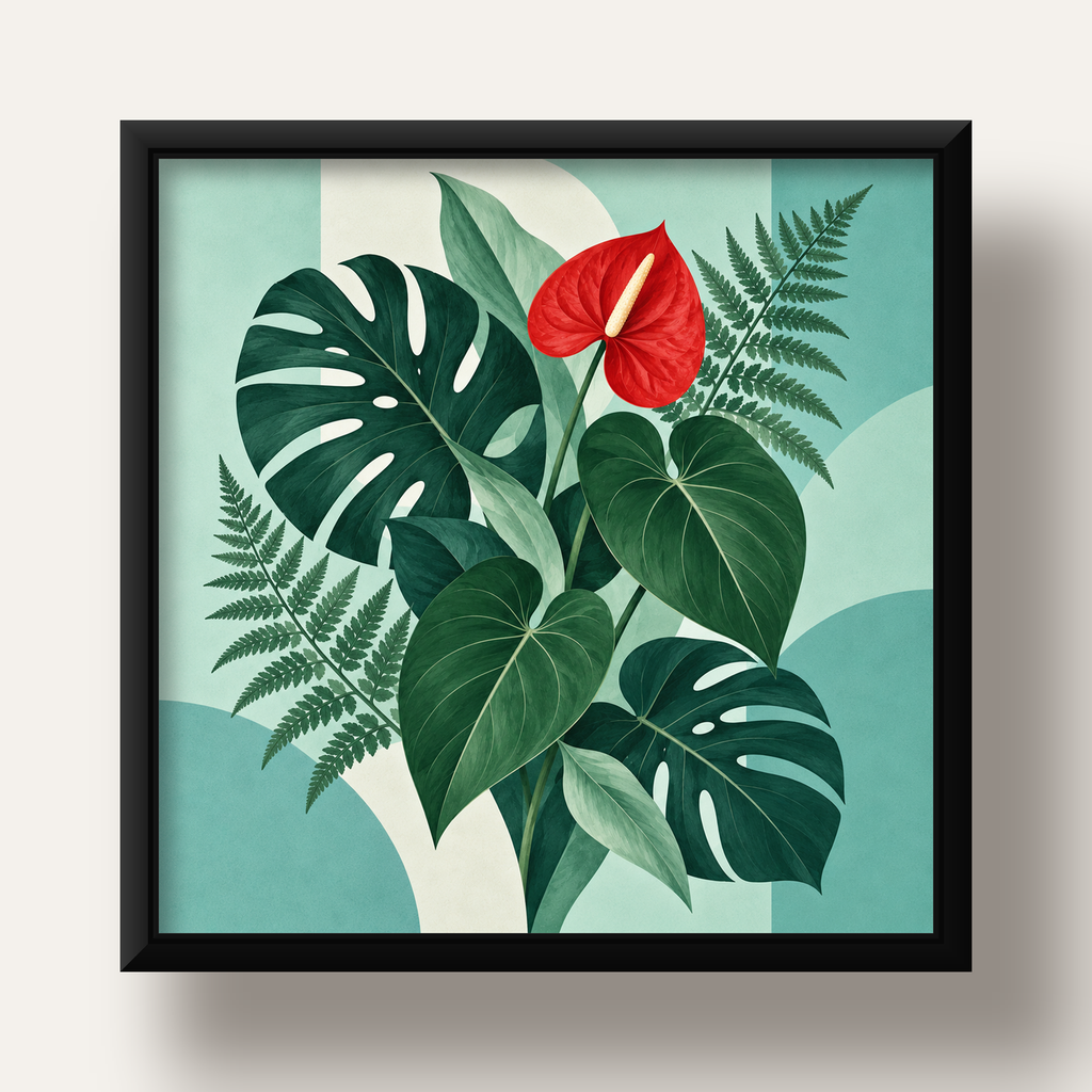 Kırmızı Antoryum ve Monstera Modern Botanik Poster — siyah derin çerçeveli