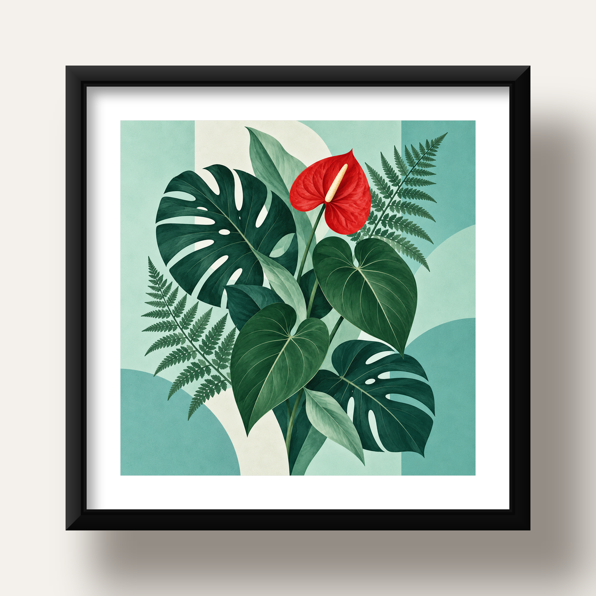 Kırmızı Antoryum ve Monstera Modern Botanik Poster — siyah derin çerçeveli paspartulu