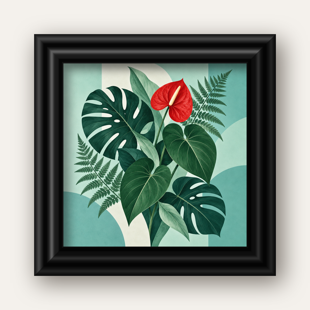 Kırmızı Antoryum ve Monstera Modern Botanik Poster — siyah galeri çerçeveli